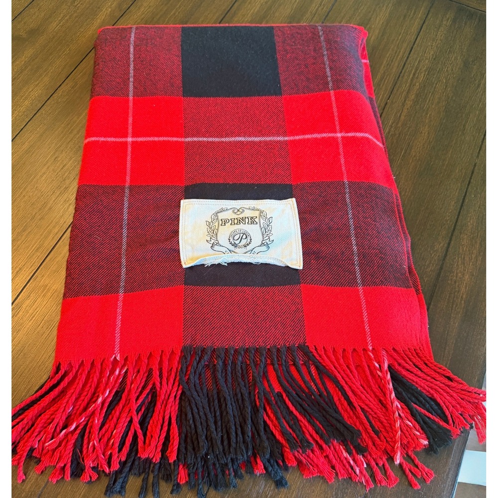 Victoria's Secret PINK Red Black Buffalo Plaid Throw Blanket Fringe Crest 70x50